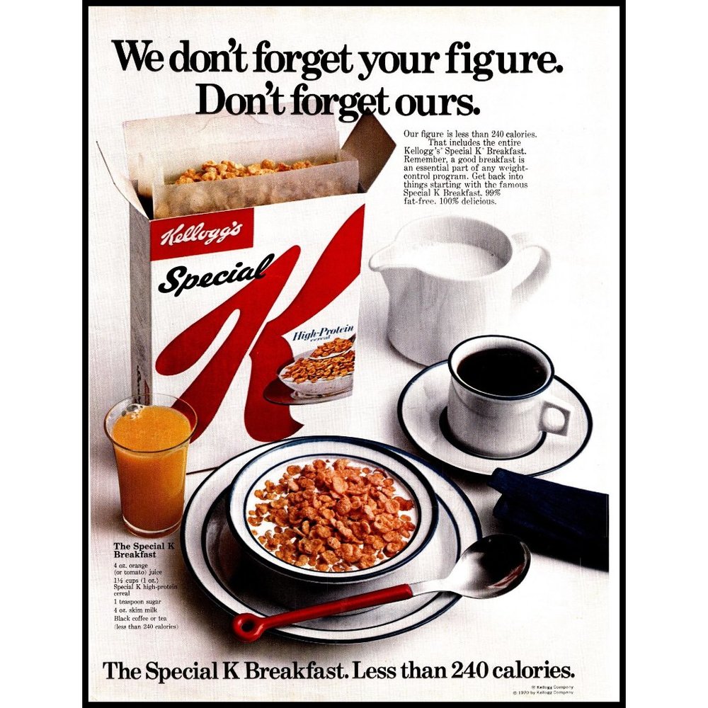 1970 Kellogg's Special K Cereal Vintage Print Ad Breakfast Table Coffee Wall Art